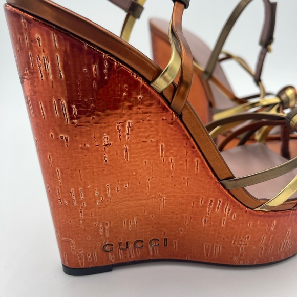 Gucci Metallic Gold & Bronze Strappy Wedge Sandals - Picture 8 of 9